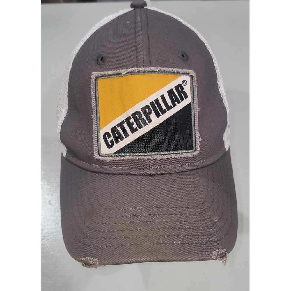 Caterpillar CAT Mens Trucker Hat Grey White Mesh Snapback Distressed Patch Cap